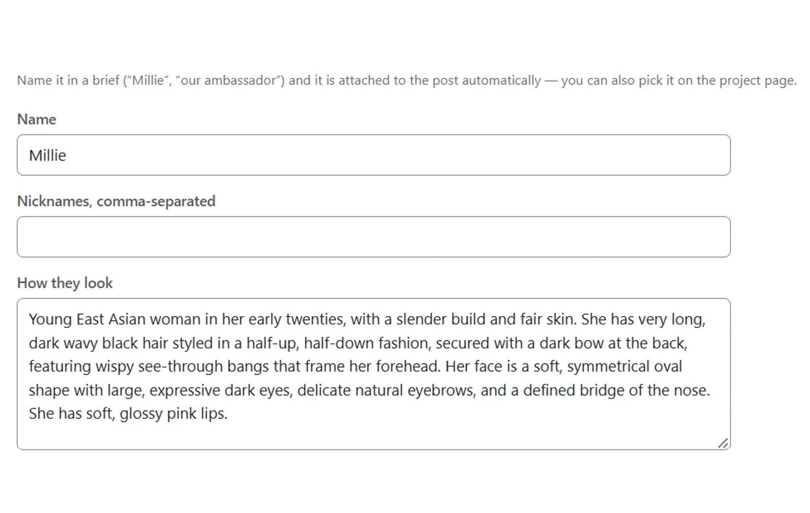 Millie’s character page in Tapost: a note that naming her in a brief attaches her to the post automatically, above fields for her name and nicknames