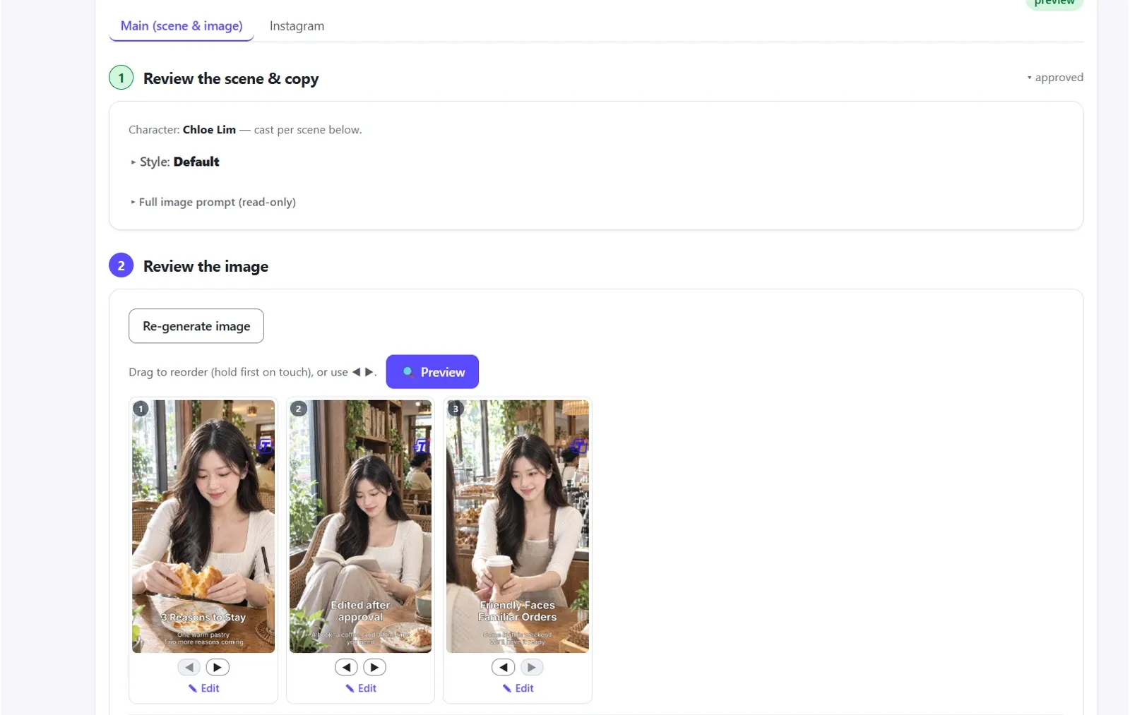 A Tapost project with Chloe Lim set as its character, cast per scene, above three carousel slides featuring her