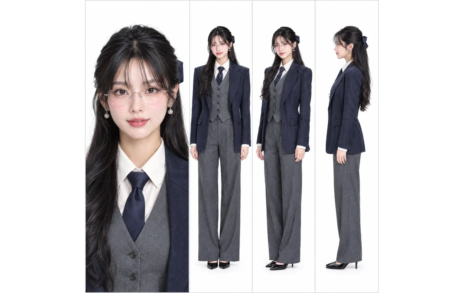 A character reference sheet: a close-up of the face, then front, three-quarter and side views in a navy suit