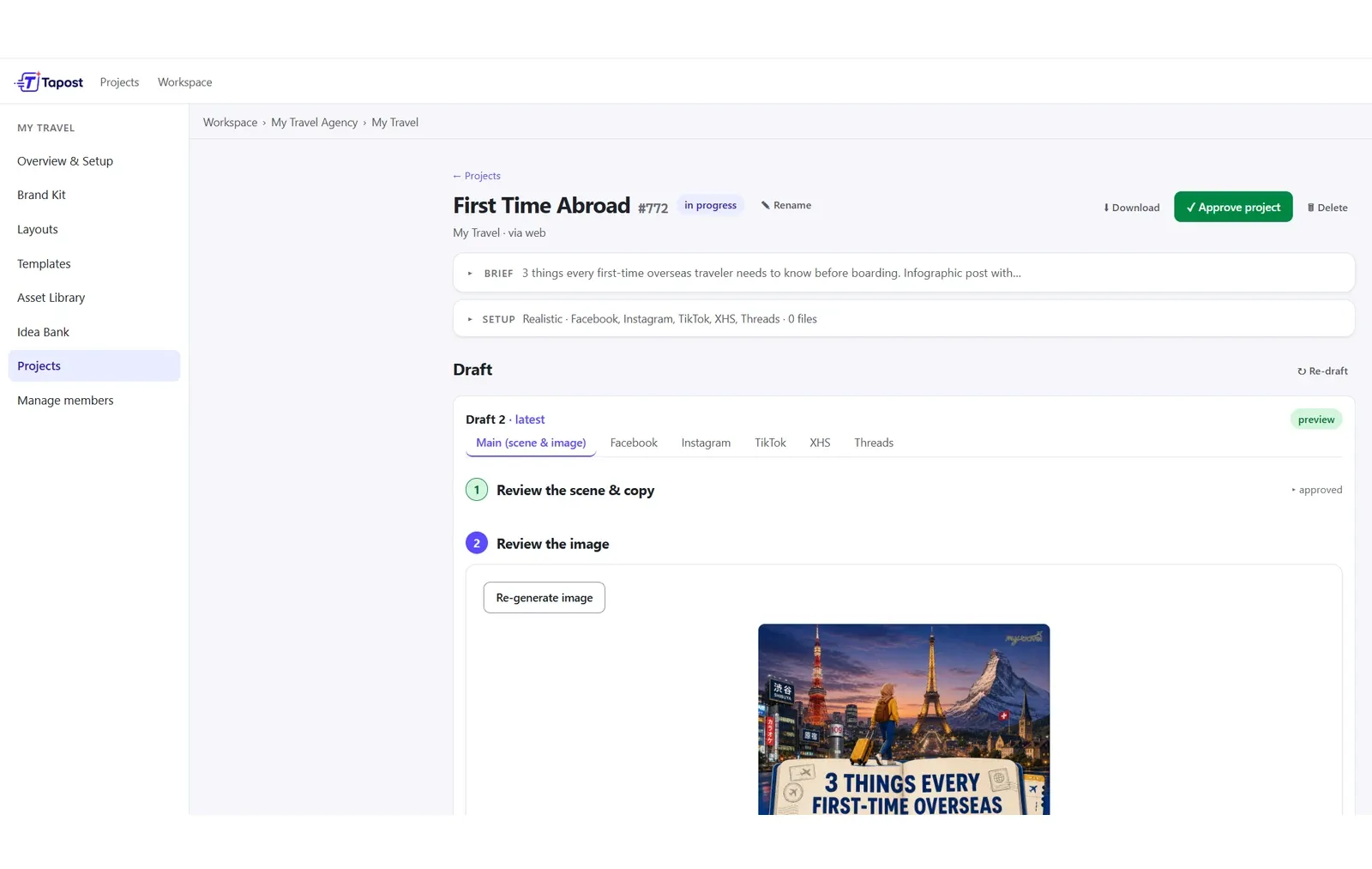 Tapost project screen: the brief, platform setup and the generated draft